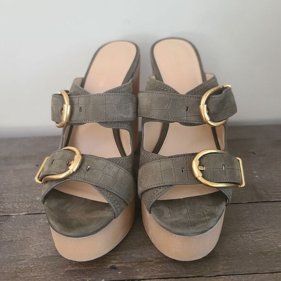 VERONICA BEARD GARRICK DUAL BUCKLE PLATFORM SANDALS Olive Green Size 8.5 New - Picture 3 of 10